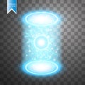 Magic fantasy portal. Futuristic teleport. Light effect. Blue candles rays of a night scene with sparks on a transparent