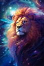 magic fantasy portrait of lion sitting in open space with stars and nebulas, king of nature in colorful cosmos