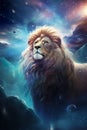 magic fantasy portrait of lion sitting in open space with stars and nebulas, king of nature in colorful cosmos