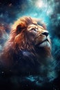 magic fantasy portrait of lion sitting in open space with stars and nebulas, king of nature in colorful cosmos