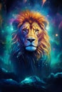 magic fantasy portrait of lion sitting in open space with stars and nebulas, king of nature in colorful cosmos