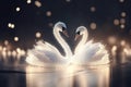 magic festive of a couple swan covered in glowing lights, in a wedding scene Royalty Free Stock Photo