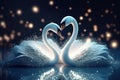 magic festive of a couple swan covered in glowing lights, in a wedding scene Royalty Free Stock Photo