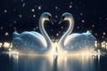 magic festive of a couple swan covered in glowing lights, in a wedding scene Royalty Free Stock Photo