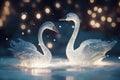 magic festive of a couple swan covered in glowing lights, in a wedding scene Royalty Free Stock Photo