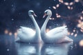 magic festive of a couple swan covered in glowing lights, in a wedding scene Royalty Free Stock Photo