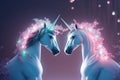 A magic festive of happiness couple unicorns covered in glowing lights in a winter or spring scene