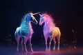 A magic festive of happiness couple unicorns covered in glowing lights in a winter or spring scene