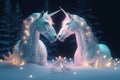 A magic festive of happiness couple unicorns covered in glowing lights in a winter or spring scene