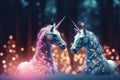 A magic festive of happiness couple unicorns covered in glowing lights in a winter or spring scene