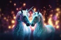 A magic festive of happiness couple unicorns covered in glowing lights in a winter or spring scene