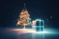 A magic festive of Christmas tree and gift boxes covered in glowing lights, in a winter scene, minimalism abstract Christmas graph