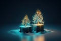 A magic festive of Christmas tree and gift boxes covered in glowing lights, in a winter scene, minimalism abstract Christmas graph