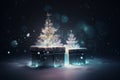 A magic festive of Christmas tree and gift boxes covered in glowing lights, in a winter scene, minimalism abstract Christmas graph