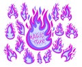 Magic fire flames color vector illustrations set