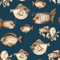 Magic fish pencil drawn seamless pattern. Marine inhabitants underwater. Fabulous print for textiles. Handmade