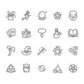 Magic flat line icons. Witch flying flying on broomstick, fortune teller, magician, wizard wand illustration. Wicca