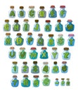 Magic font. Green letters in magical flasks. Alphabet jar for w