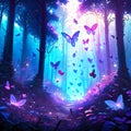 Magic forest with butterflies and neon lights. Fairytale landscape. 3d rendering AI generated