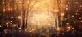 Magic forest filled with glowing golden lights and sparkles. Beautiful mystical background. Generative AI