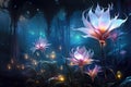 Magic forest with flowers. Fantasy landscape. Digital painting. 3D illustration. Abstract fantasy space plants and glowing flowers