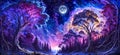 Magic forest with full moon and stars. Fantasy landscape. Digital horizontal painting in purple tones