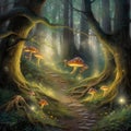 Magic forest with lights and mushrooms in the night. Small road between trees in mystic dark forest. Nature background Royalty Free Stock Photo