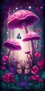 Magic forest with mushrooms, butterflies and flowers. Fairy landscape. Vector illustration. Royalty Free Stock Photo