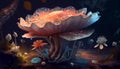 Magic Forest Plant Scene. Floral Organic Mushrooms and Flowers View Digital AI Generated Illustration