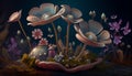 Magic Forest Plant Scene. Floral Organic Mushrooms and Flowers View Digital AI Generated Illustration