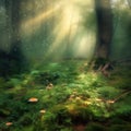 Magic forest with red amanita mushrooms, green grass, moss and sun rays through trees. Nature background, book cover Royalty Free Stock Photo