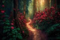 Magic forest with red rhododendron flowers and path. Generative AI