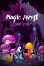 Magic forest scene. Unusual fantasy cartoon colorful mushrooms on the fairy night background.