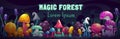 Magic forest scene. Unusual fantasy cartoon colorful mushrooms.