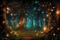 Magic forest with towering trees and fireflies magical fairytale world background Royalty Free Stock Photo