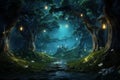 Magic forest with towering trees and fireflies magical fairytale world background Royalty Free Stock Photo