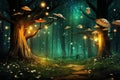 Magic forest with towering trees and fireflies magical fairytale world background Royalty Free Stock Photo