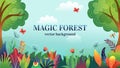 Magic forest. Wild nature. Enchanted garden. Flying butterfly. Magical plant woods. Meadow herbs or flowers. Fairytale