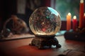 Magic Fortune telling clear crystal ball with magic tools on table. Generative Ai.