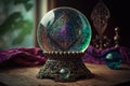 Magic Fortune telling clear crystal ball with magic tools on table. Generative Ai.