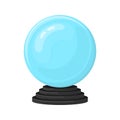 Magic fortune telling crystal ball isolated on white background. Blue sphere on black stand. Cartoon style. Vector illustration