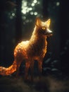 Magic fox with transparent glowing shining body in a dark ominous forest, magic glow and shine, illustration, generative ai