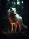 Magic fox with transparent glowing shining body in a dark ominous forest, magic glow and shine, illustration, generative ai