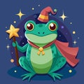 Magic frog. Wizard frog with magic wand. Cartoon vector illustration Royalty Free Stock Photo