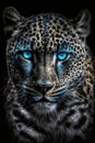 Magic frost leopard with blue eyes on black background. Generative AI Royalty Free Stock Photo