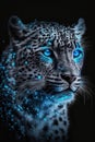 Magic frost leopard with blue eyes on black background. Generative AI Royalty Free Stock Photo