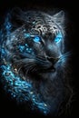 Magic frost tiger with blue eyes on black background. Generative AI Royalty Free Stock Photo