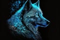 Magic frost wolf with blue eyes on black background. Generative AI Royalty Free Stock Photo