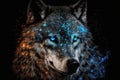 Magic frost wolf with blue eyes on black background. Generative AI Royalty Free Stock Photo