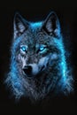 Magic frost wolf with blue eyes on black background. Generative AI Royalty Free Stock Photo